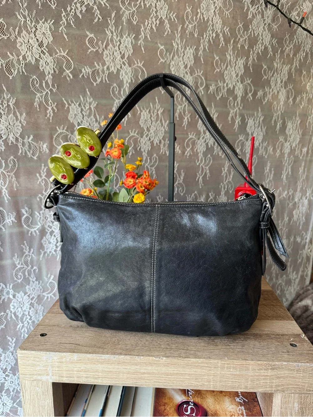 Coach Black Leather Shoulder Bag with Cherry Charm